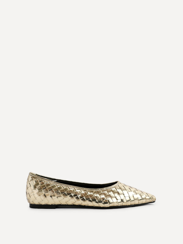 Linzi Gold Faux Leather Woven Pointed Toe Ballet Flats