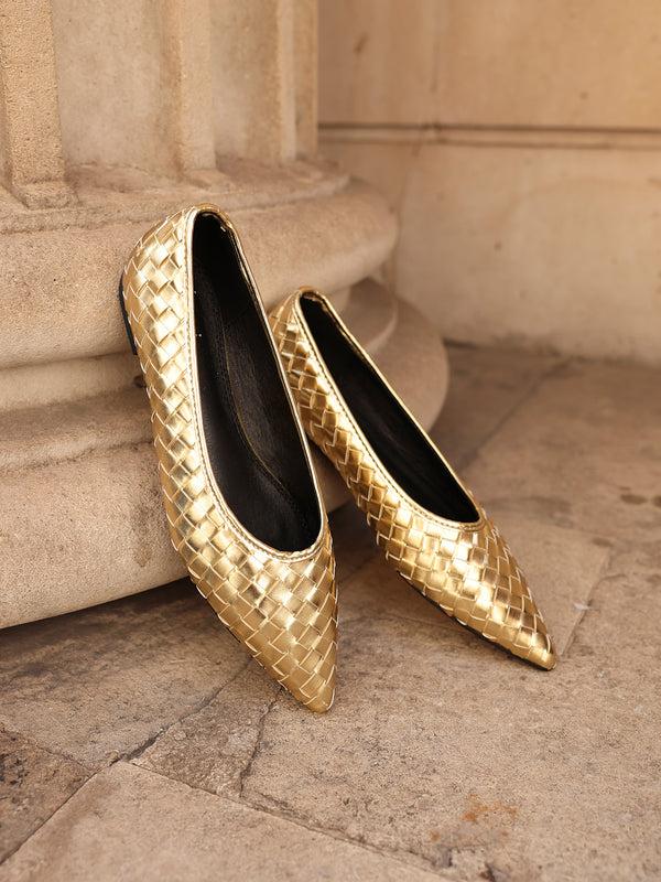 linzi Gold Faux Leather Woven Pointed Toe Ballet Flats