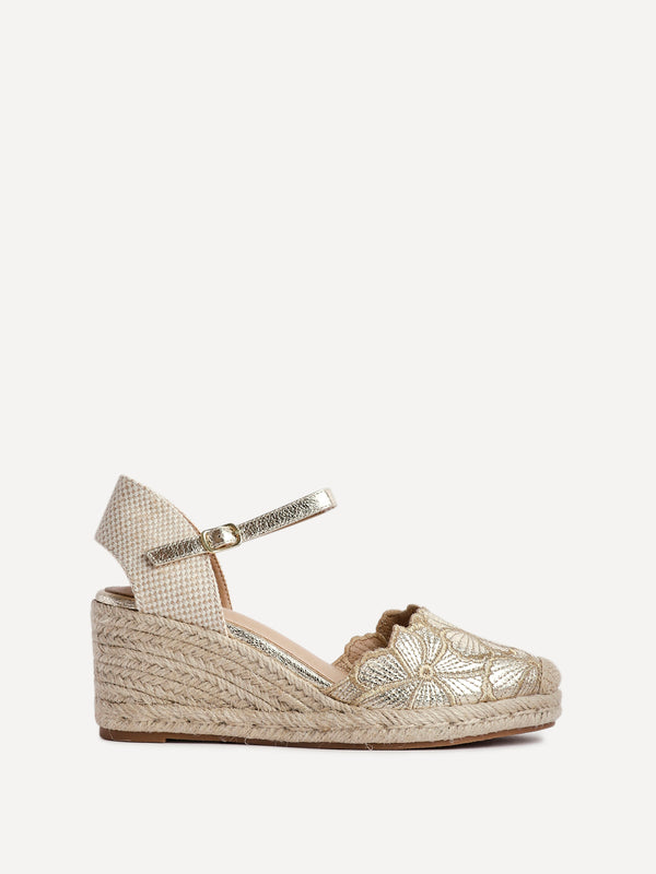 Linzi Gold Floral Embroidered Espadrille Platform Wedge