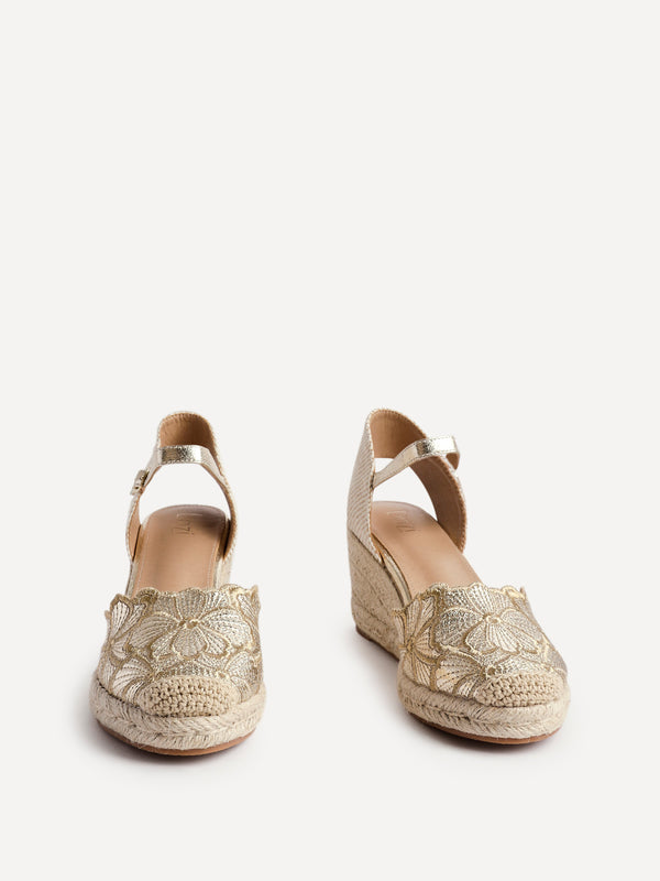 Linzi Gold Floral Embroidered Espadrille Platform Wedge