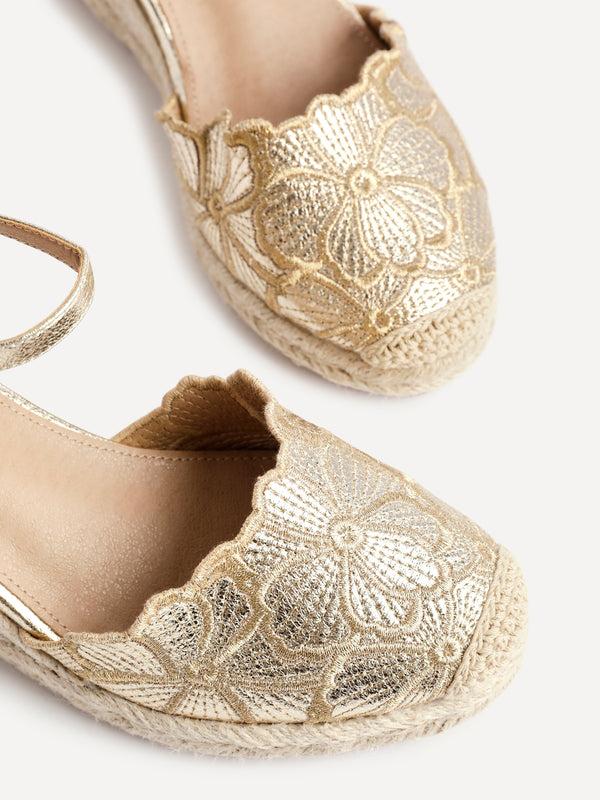 Linzi Gold Floral Embroidered Espadrille Platform Wedge