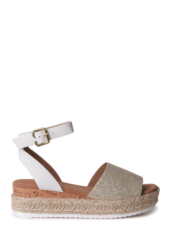 Linzi Gold Glitter Faux Leather Two Part Espadrille Inspired Wedge