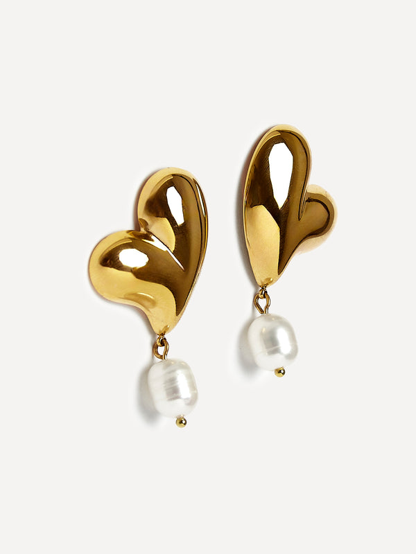 Linzi Gold Heart Stud Earrings With Freshwater Pearl Drop