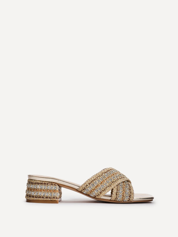 Linzi Gold Raffia Embellished Block Heel Mule Sandal