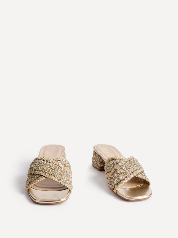 Linzi Gold Raffia Embellished Block Heel Mule Sandal