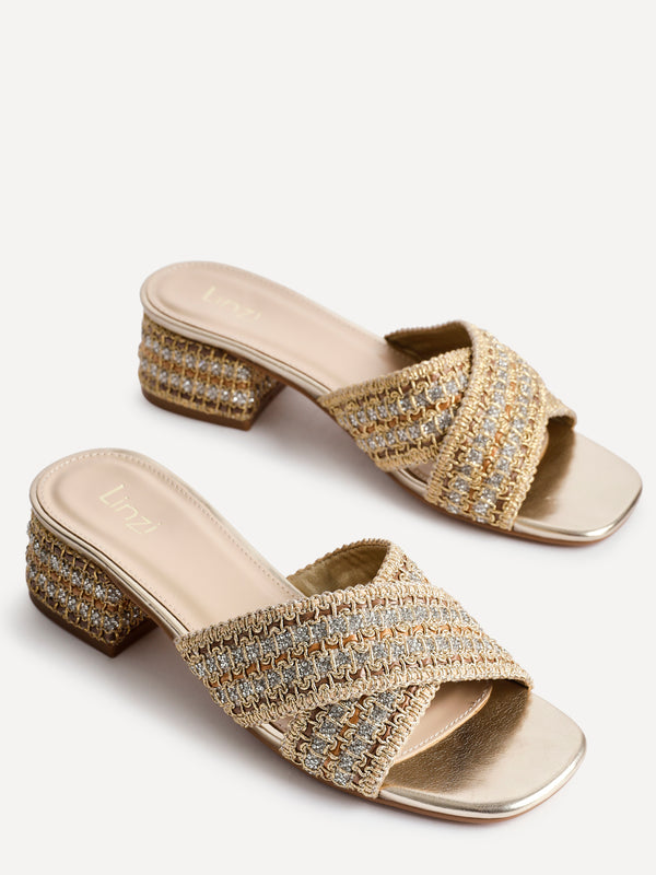 Linzi Gold Raffia Embellished Block Heel Mule Sandal