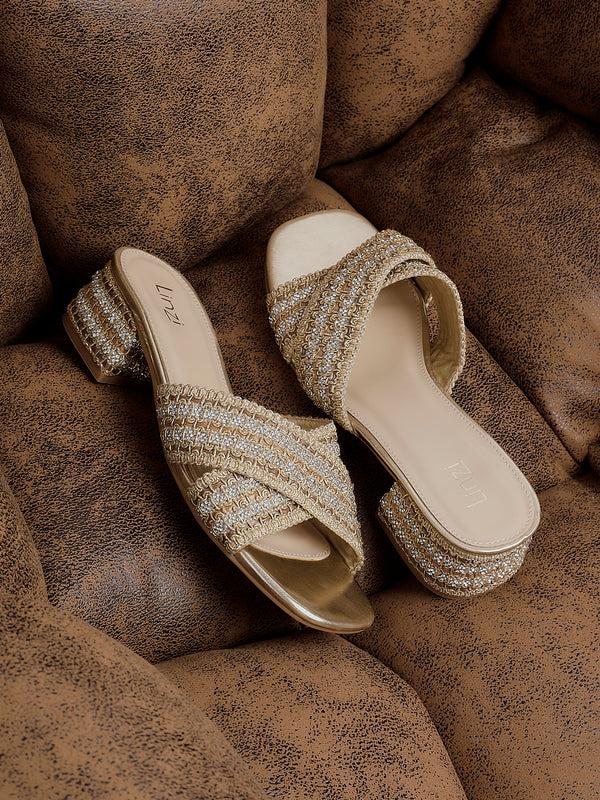 linzi Gold Raffia Embellished Block Heel Mule Sandal