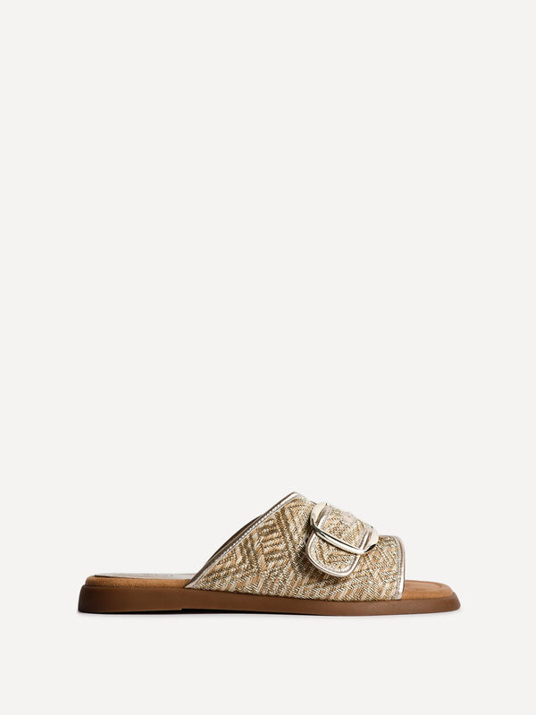 Linzi Gold Woven Flat Slider Sandal With Buckle Strap