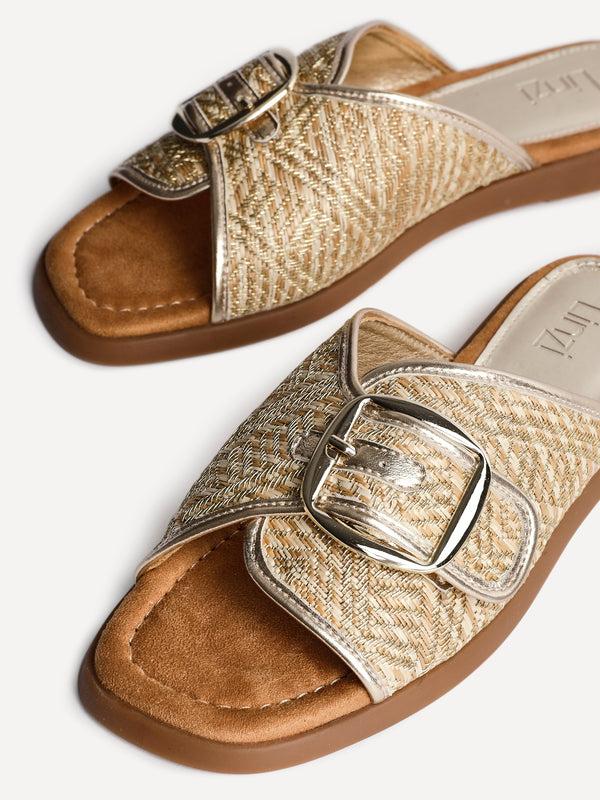 Linzi Gold Woven Flat Slider Sandal With Buckle Strap