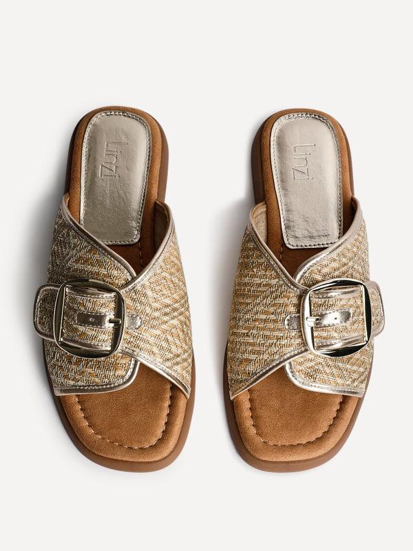 Linzi Gold Woven Flat Slider Sandal With Buckle Strap