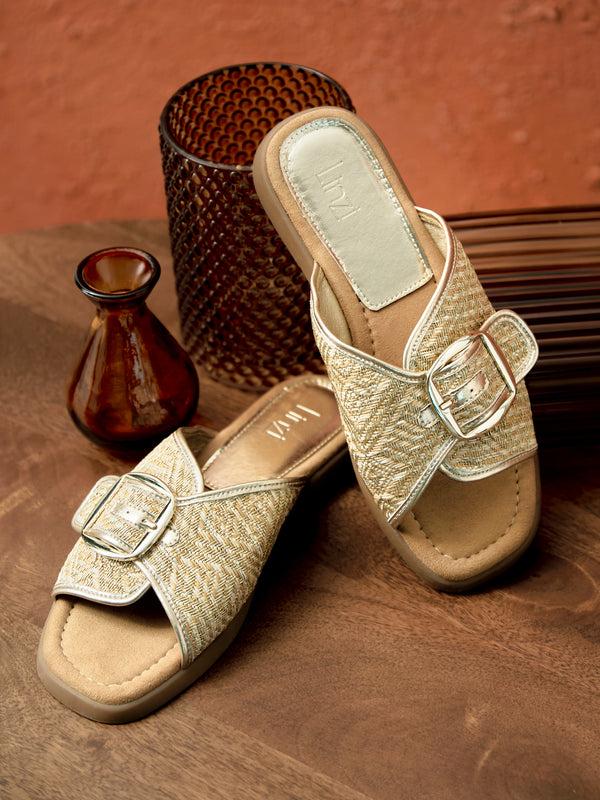 linzi Gold Woven Flat Slider Sandal With Buckle Strap