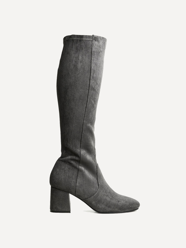 Linzi Grey Faux Suede Stretch Block Heeled Knee High Boot
