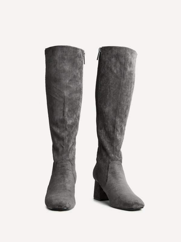 Linzi Grey Faux Suede Stretch Block Heeled Knee High Boot