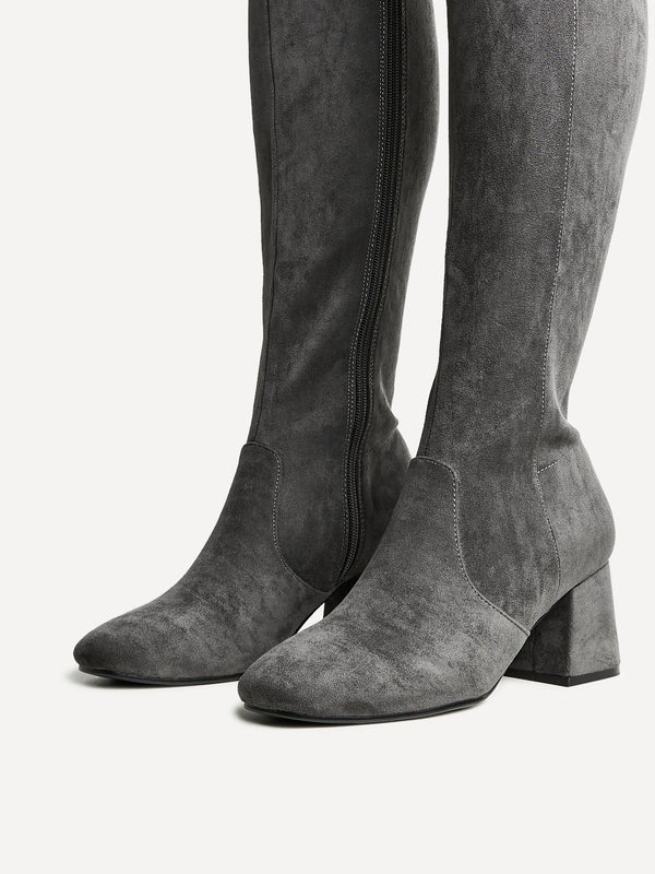 Linzi Grey Faux Suede Stretch Block Heeled Knee High Boot