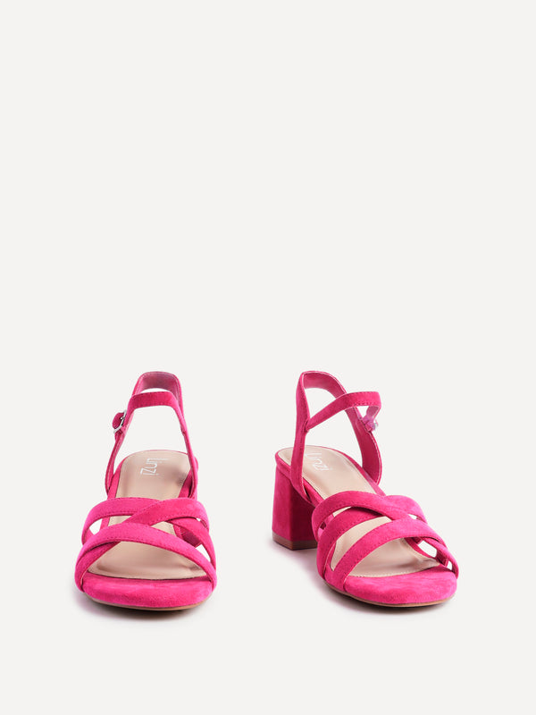 Linzi Hot Pink Faux Suede Heeled Sandals With Crossover Straps