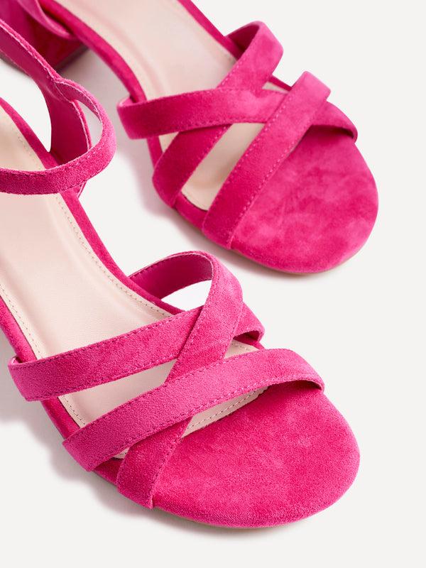 Linzi Hot Pink Faux Suede Heeled Sandals With Crossover Straps