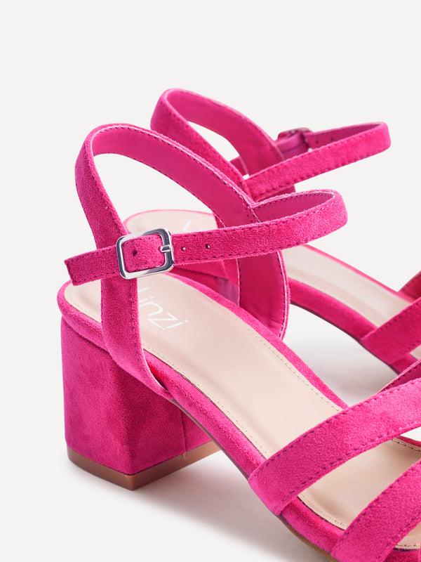 Linzi Hot Pink Faux Suede Heeled Sandals With Crossover Straps