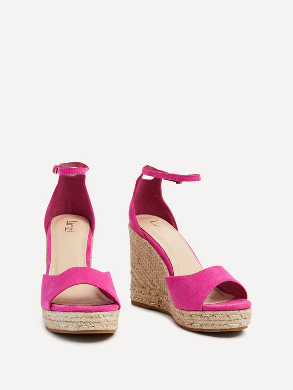 Linzi Hot Pink Faux Suede Rope Platform Wedge With Wrap Around Ankle Strap