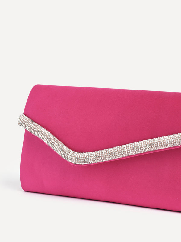 Linzi Hot Pink Satin Evening Envelope Clutch Bag With Diamante Tubing Trim