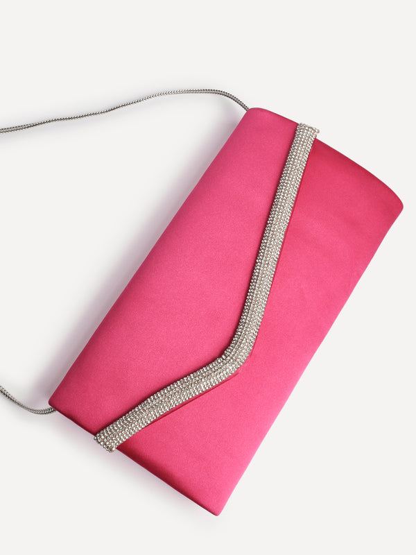 Linzi Hot Pink Satin Evening Envelope Clutch Bag With Diamante Tubing Trim