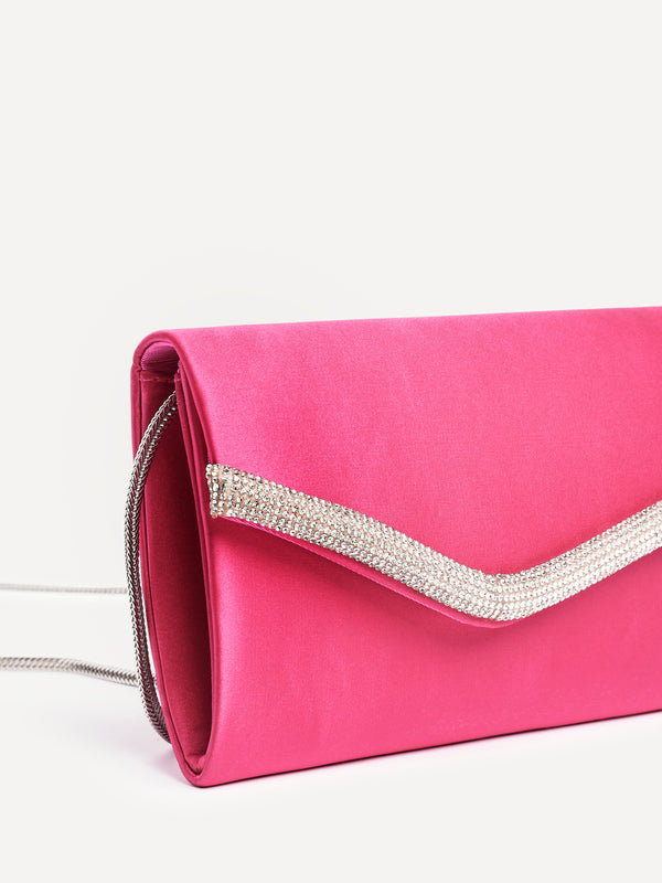 Linzi Hot Pink Satin Evening Envelope Clutch Bag With Diamante Tubing Trim