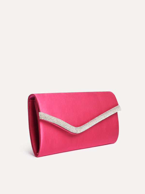 linzi Hot Pink Satin Evening Envelope Clutch Bag With Diamante Tubing Trim
