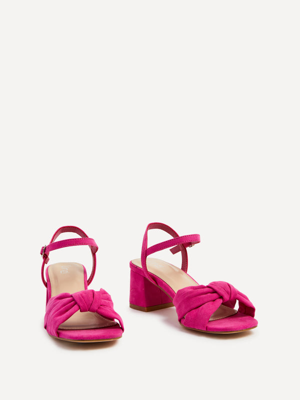 Linzi Hot Pink Suede Block Heeled Sandal With Knotted Front Strap