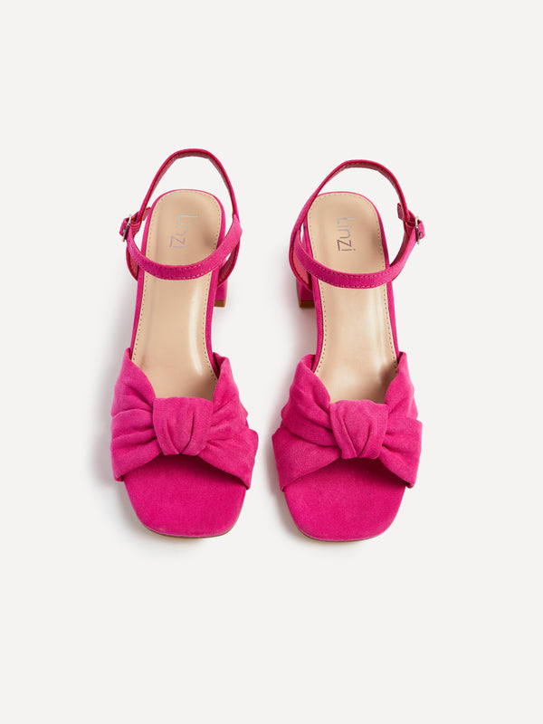 Linzi Hot Pink Suede Block Heeled Sandal With Knotted Front Strap