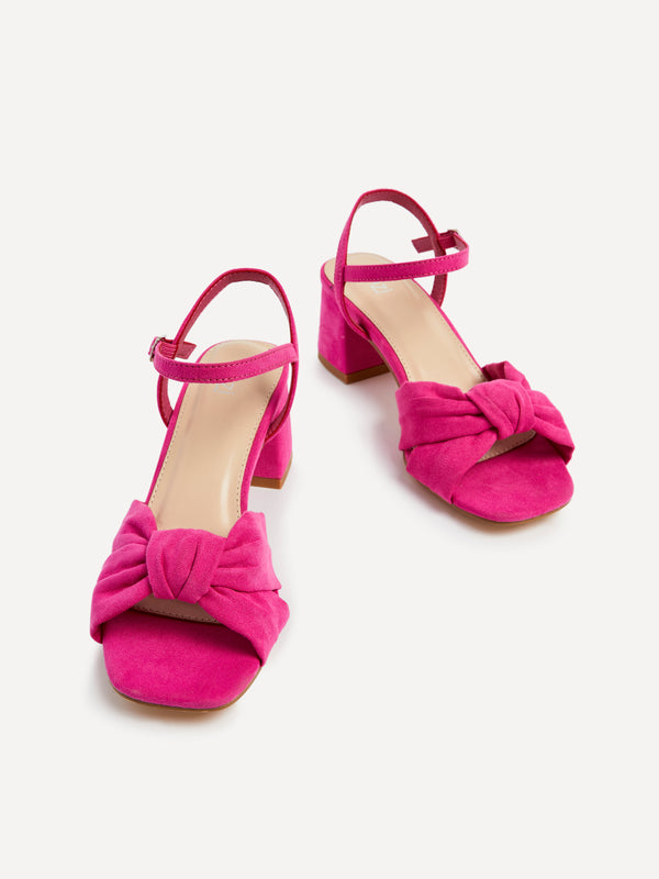 Linzi Hot Pink Suede Block Heeled Sandal With Knotted Front Strap