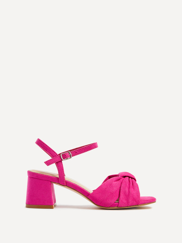 linzi Hot Pink Suede Block Heeled Sandal With Knotted Front Strap