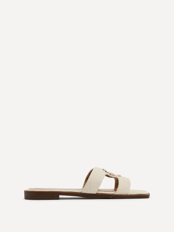 Linzi Ivory Canvas Flat Sandal With Gold Embellished Detail
