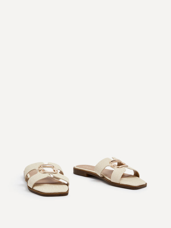Linzi Ivory Canvas Flat Sandal With Gold Embellished Detail