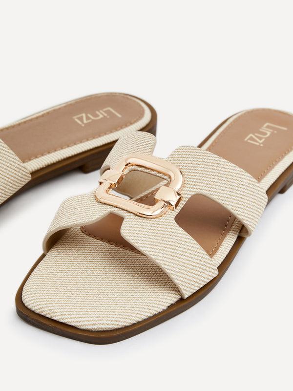 Linzi Ivory Canvas Flat Sandal With Gold Embellished Detail
