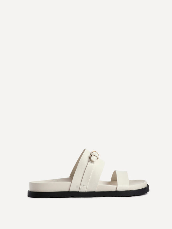 Linzi Ivory Faux Leather Flat Slider Sandals With Buckle Detail