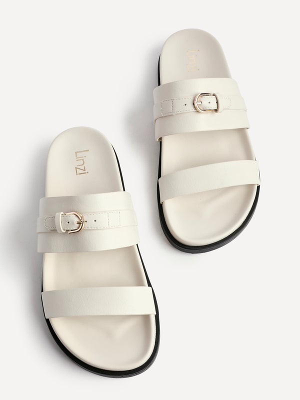 Linzi Ivory Faux Leather Flat Slider Sandals With Buckle Detail