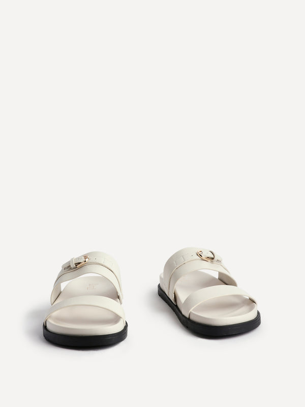 Linzi Ivory Faux Leather Flat Slider Sandals With Buckle Detail