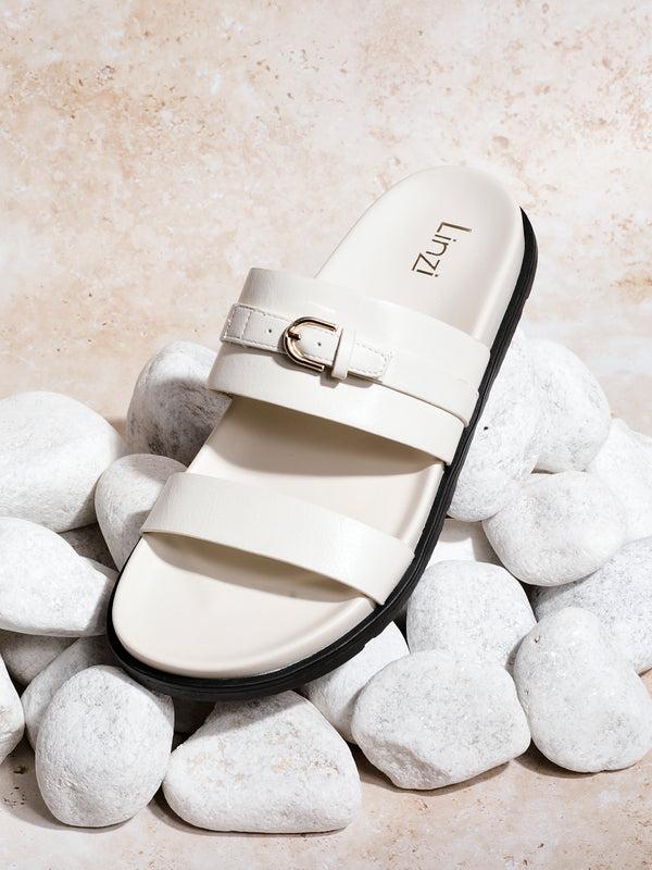 linzi Ivory Faux Leather Flat Slider Sandals With Buckle Detail