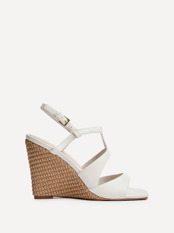 Linzi Ivory Faux Leather Link Design Raffia Platform Wedge