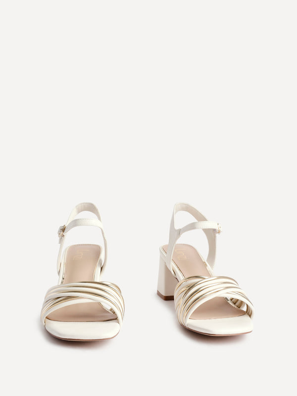 Linzi Ivory Faux Leather Strappy Crossover Heeled Sandal With Gold Accents