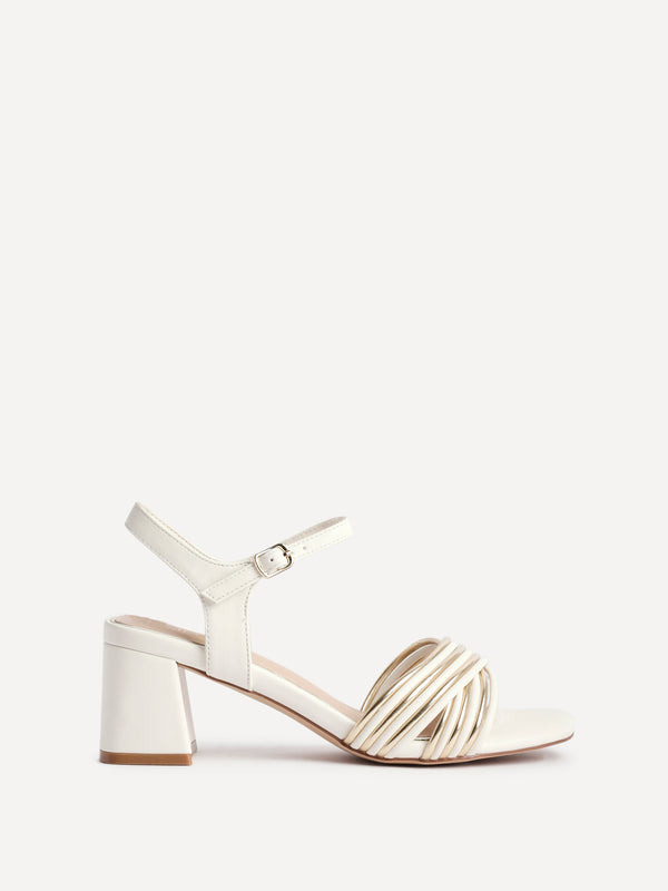 Linzi Ivory Faux Leather Strappy Crossover Heeled Sandal With Gold Accents