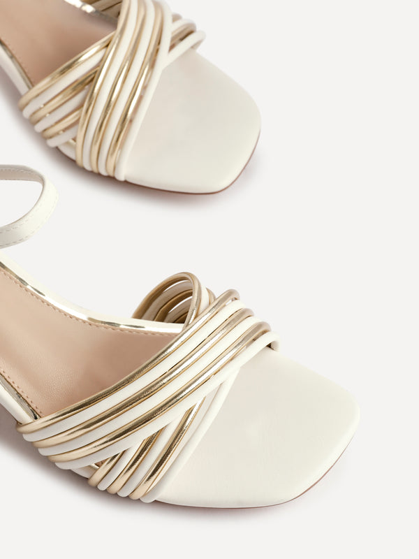 Linzi Ivory Faux Leather Strappy Crossover Heeled Sandal With Gold Accents
