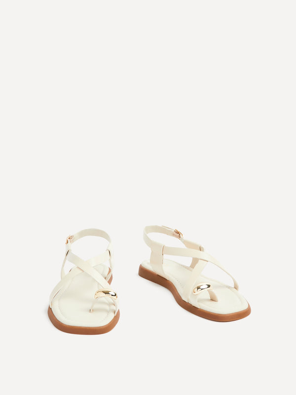 Linzi Ivory Faux Leather Strappy Flat Sandal With Toe Ring