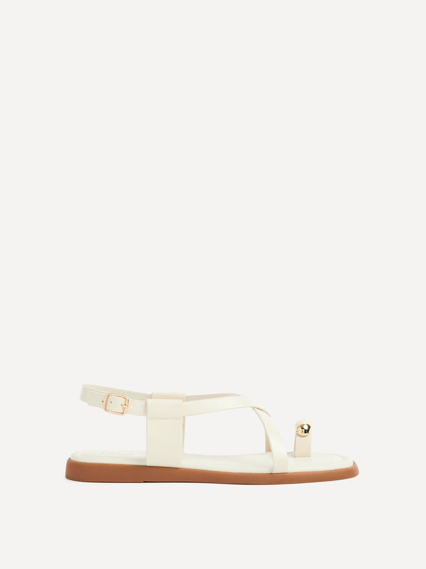 Linzi Ivory Faux Leather Strappy Flat Sandal With Toe Ring