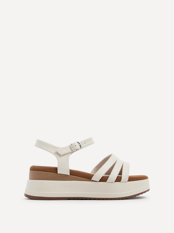 Linzi Ivory Faux Leather Triple Front Strap Sporty Sole Flatform Sandal