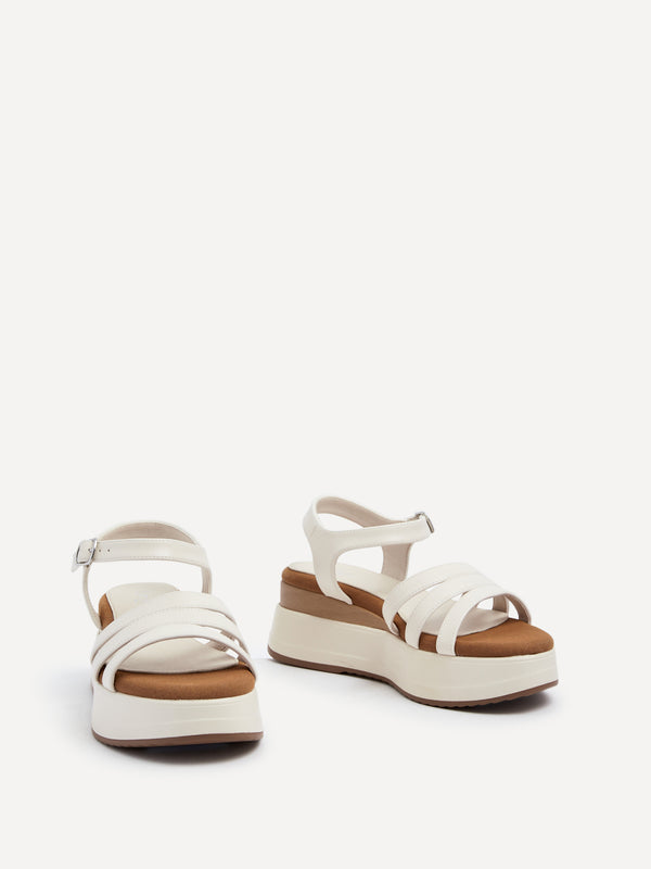Linzi Ivory Faux Leather Triple Front Strap Sporty Sole Flatform Sandal