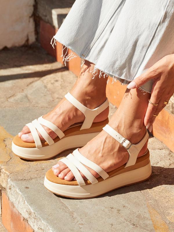 linzi Ivory Faux Leather Triple Front Strap Sporty Sole Flatform Sandal