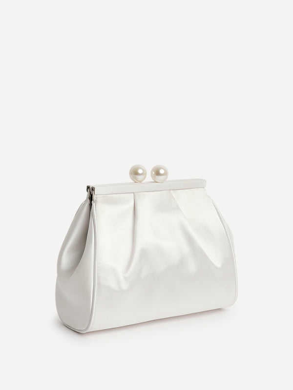 Linzi Ivory Satin Clutch Bag With Pearl Fastening Detail