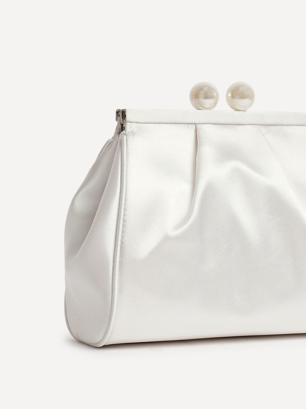 Linzi Ivory Satin Clutch Bag With Pearl Fastening Detail