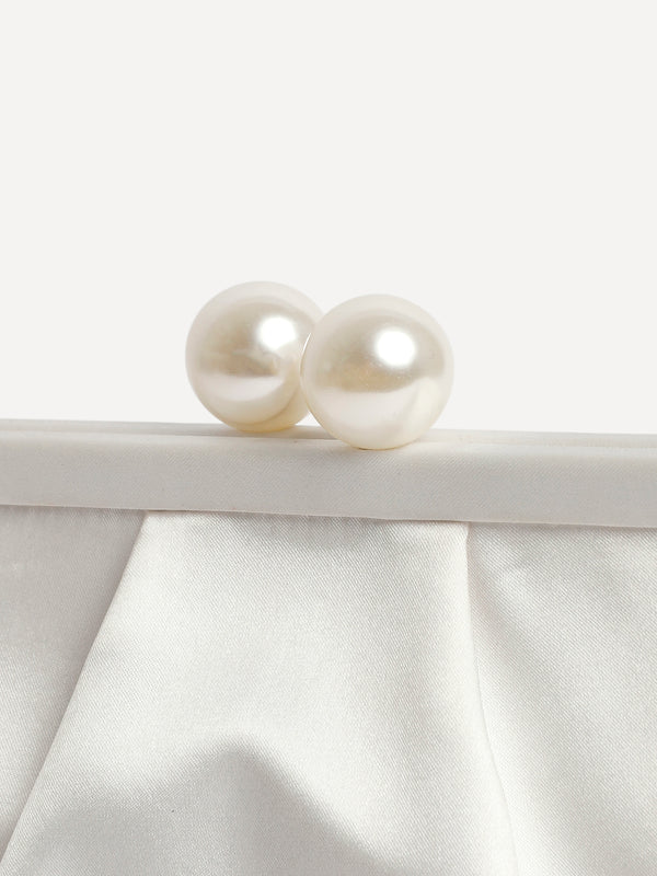 Linzi Ivory Satin Clutch Bag With Pearl Fastening Detail