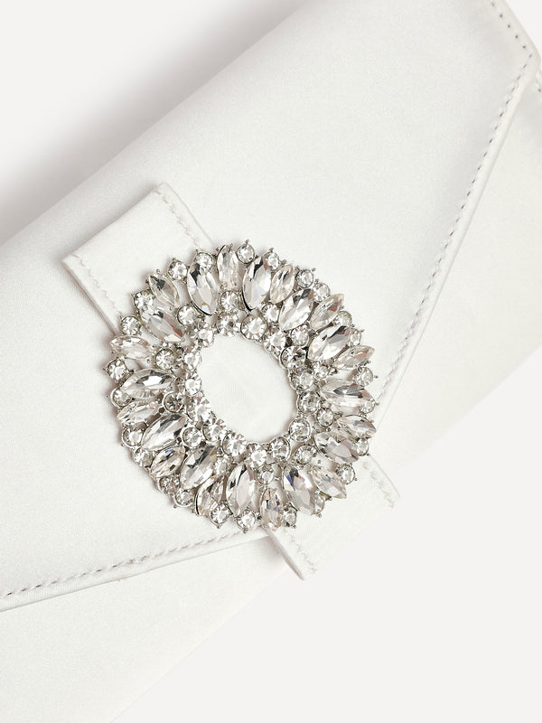 Linzi Ivory Satin Evening Envelope Clutch Bag With Diamante Tubing Trim